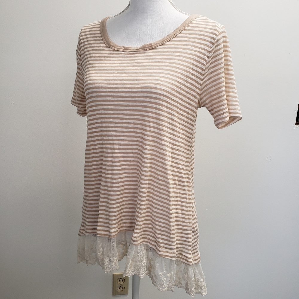 Kori America Striped High Low Lace Trim Top Small